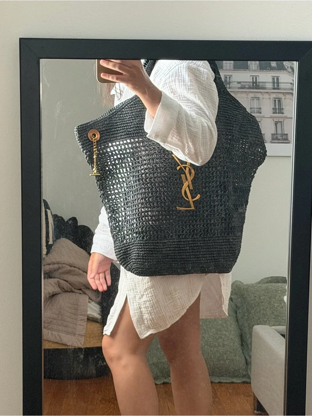 Icare Style Blue Black Raffia Maxi Tote Bag NWOT
